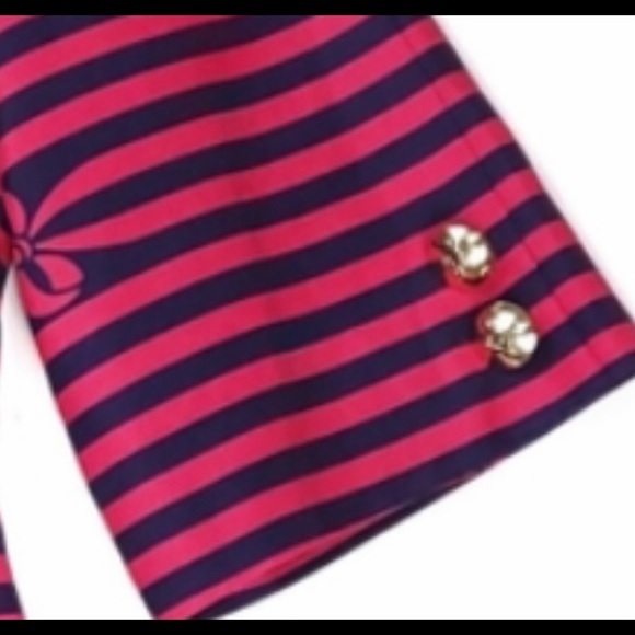Draper James pink and navy stripe gold button dress. - Picture 4 of 5